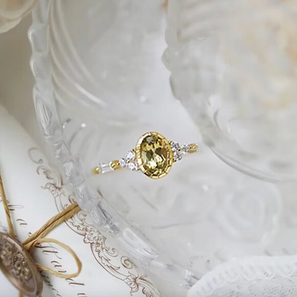 14k Gold Dainty Oval Cut Peridot Diamond Ring Band - Picture 3 of 6